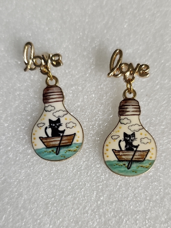 Hand Crafted Jewelry - Hand Crafted Gold 'Love' Cat in Boat Lightbulb Drop Earrings